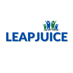 Leapjuice Managed CMS Platform logo. The text font is all blue with green shadow in all caps. There re 4 characters jumping over the "I."